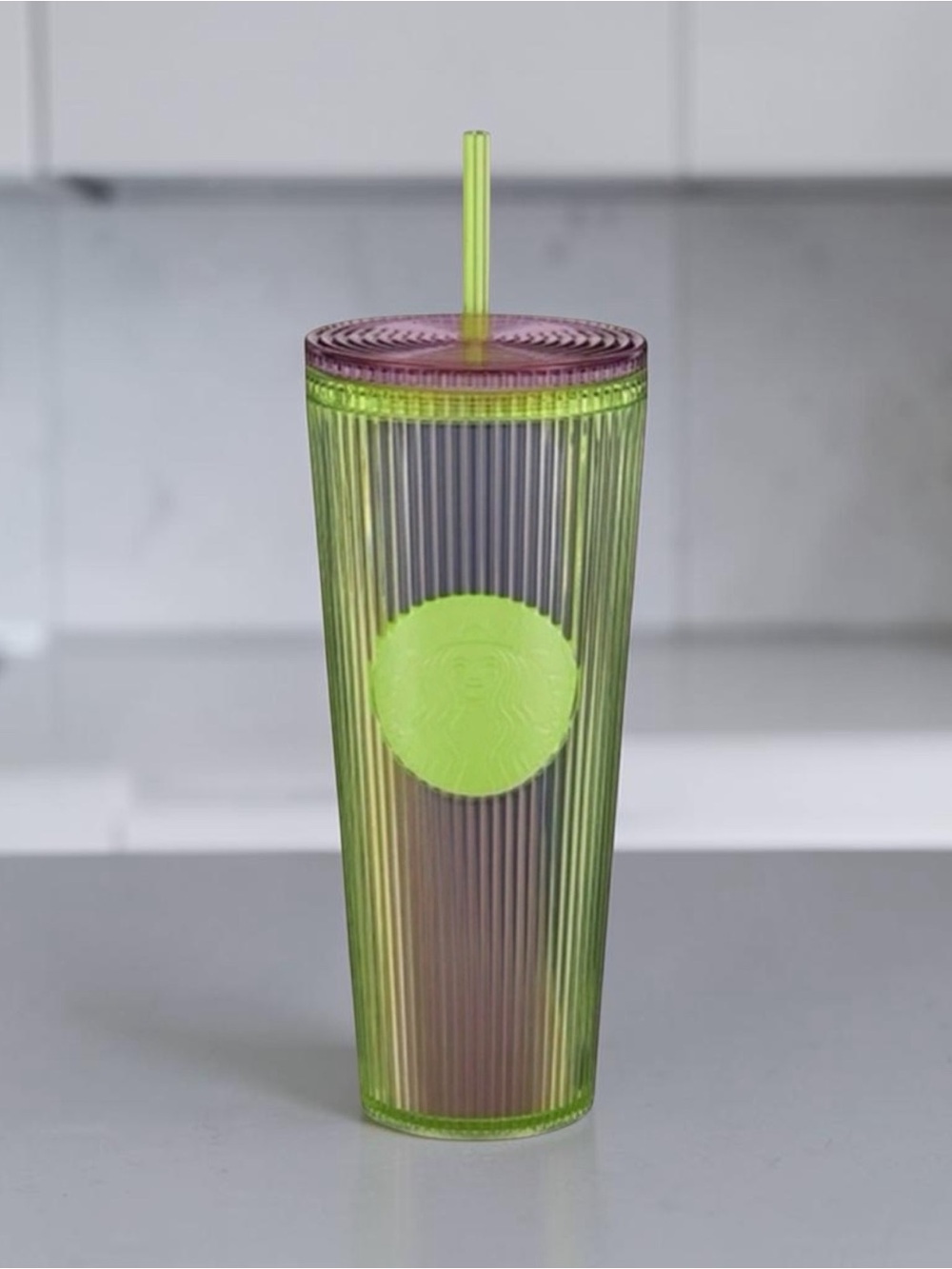 Starbucks Neon Transparent Lime Lilac Pleated Striped Venti Tumbler